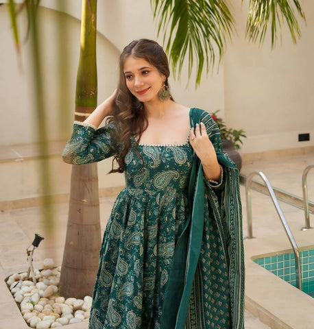 Wedding Wear Green Color Maslin Fabric Digital Print Work Anarkali Suit