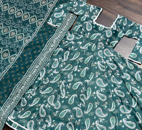 Wedding Wear Green Color Maslin Fabric Digital Print Work Anarkali Suit