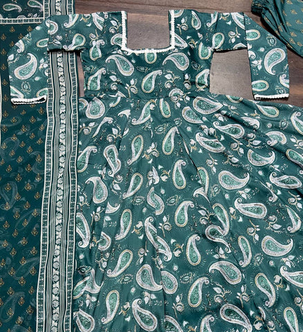 Wedding Wear Green Color Maslin Fabric Digital Print Work Anarkali Suit