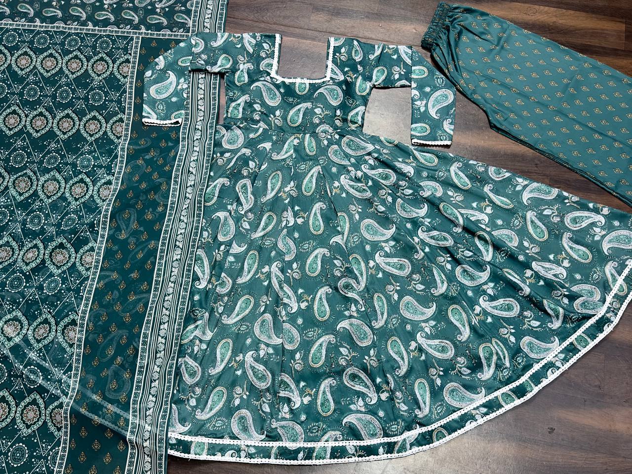 Wedding Wear Green Color Maslin Fabric Digital Print Work Anarkali Suit
