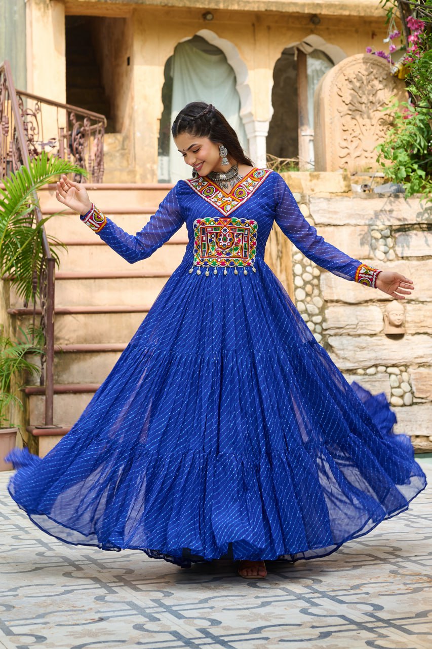 Traditional Wear Blue Color Laheriya Printed Kutchi Patchwork Navratri Gown