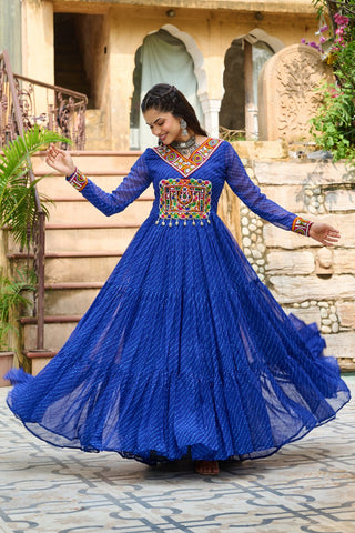 Traditional Wear Blue Color Laheriya Printed Kutchi Patchwork Navratri Gown