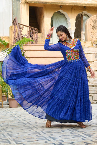 Traditional Wear Blue Color Laheriya Printed Kutchi Patchwork Navratri Gown