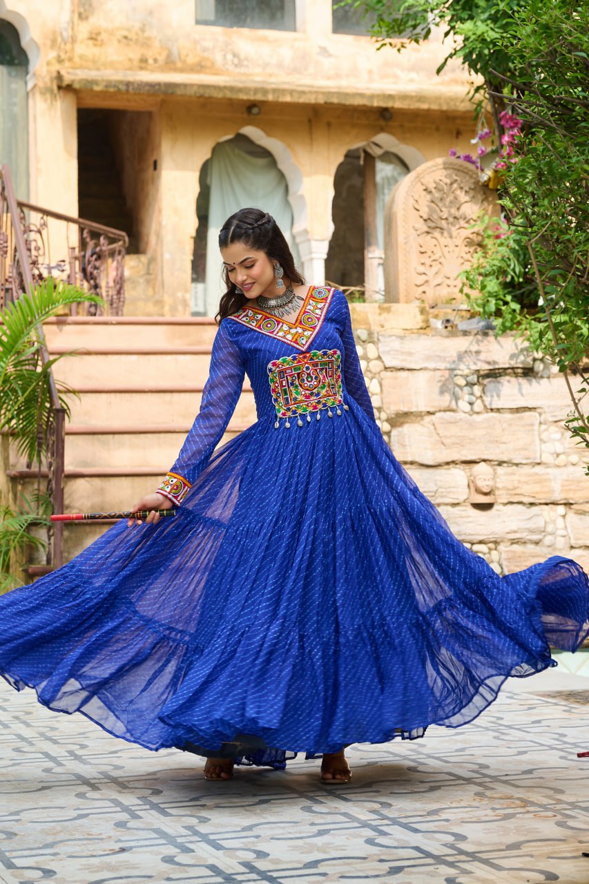 Traditional Wear Blue Color Laheriya Printed Kutchi Patchwork Navratri Gown