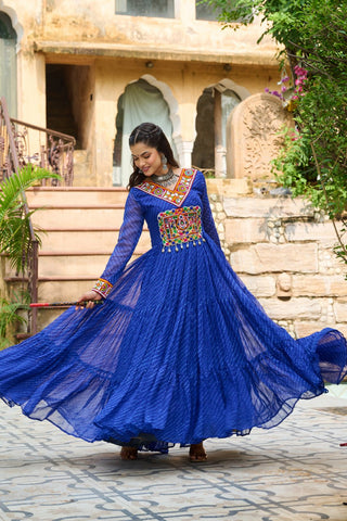 Traditional Wear Blue Color Laheriya Printed Kutchi Patchwork Navratri Gown
