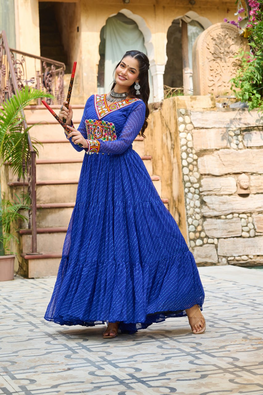 Traditional Wear Blue Color Laheriya Printed Kutchi Patchwork Navratri Gown