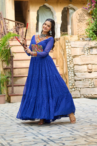 Traditional Wear Blue Color Laheriya Printed Kutchi Patchwork Navratri Gown