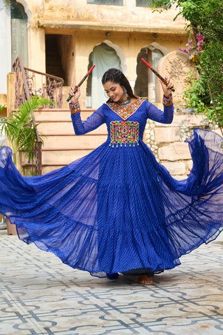 Traditional Wear Blue Color Laheriya Printed Kutchi Patchwork Navratri Gown