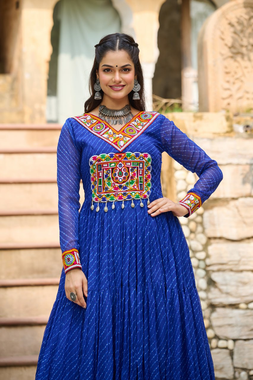 Traditional Wear Blue Color Laheriya Printed Kutchi Patchwork Navratri Gown