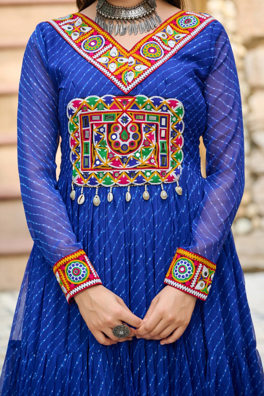Traditional Wear Blue Color Laheriya Printed Kutchi Patchwork Navratri Gown