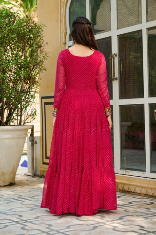Traditional Wear Pink Color Laheriya Printed Kutchi Patchwork Navratri Gown