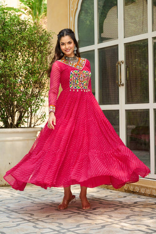 Traditional Wear Pink Color Laheriya Printed Kutchi Patchwork Navratri Gown