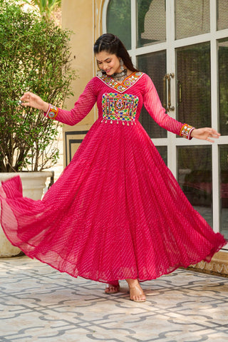 Traditional Wear Pink Color Laheriya Printed Kutchi Patchwork Navratri Gown