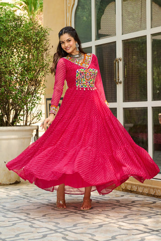 Traditional Wear Pink Color Laheriya Printed Kutchi Patchwork Navratri Gown
