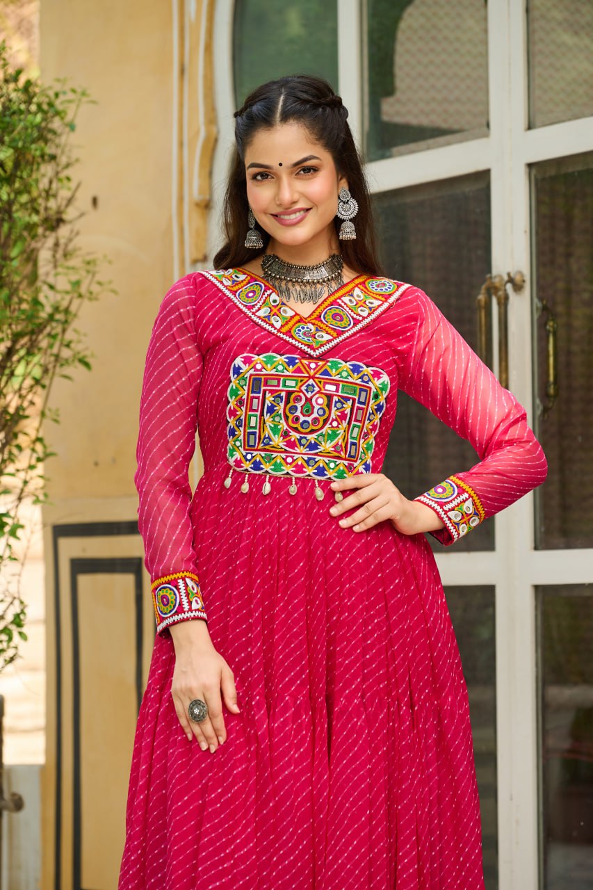 Traditional Wear Pink Color Laheriya Printed Kutchi Patchwork Navratri Gown