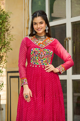 Traditional Wear Pink Color Laheriya Printed Kutchi Patchwork Navratri Gown