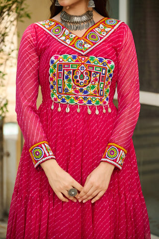 Traditional Wear Pink Color Laheriya Printed Kutchi Patchwork Navratri Gown