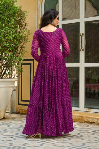 Traditional Wear Wine Color Laheriya Printed Kutchi Patchwork Navratri Gown