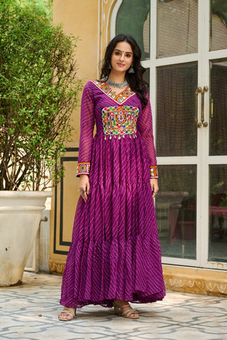 Traditional Wear Wine Color Laheriya Printed Kutchi Patchwork Navratri Gown