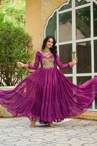 Traditional Wear Wine Color Laheriya Printed Kutchi Patchwork Navratri Gown