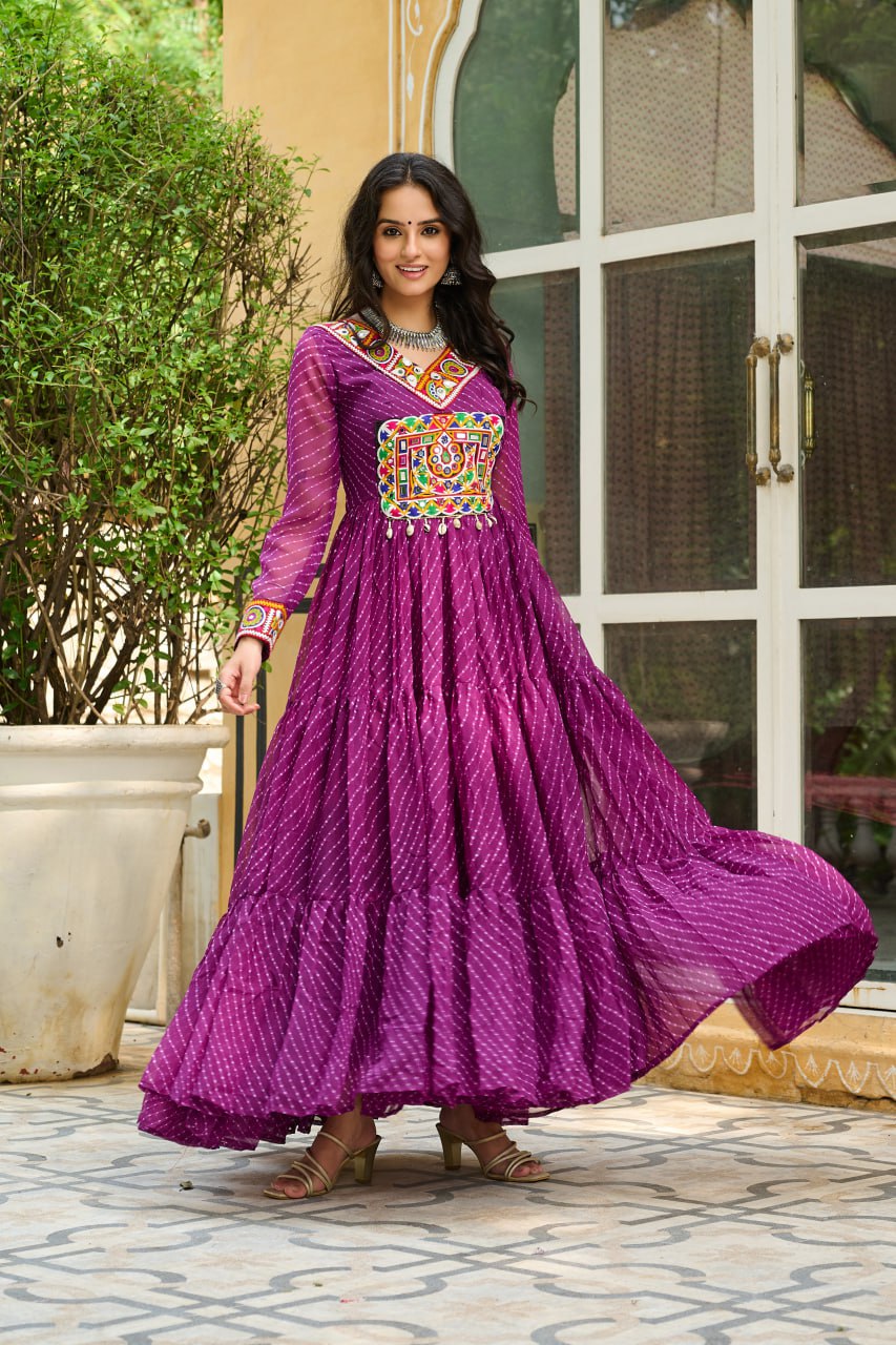 Traditional Wear Wine Color Laheriya Printed Kutchi Patchwork Navratri Gown