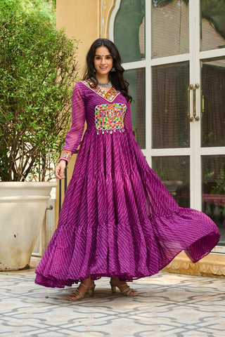 Traditional Wear Wine Color Laheriya Printed Kutchi Patchwork Navratri Gown