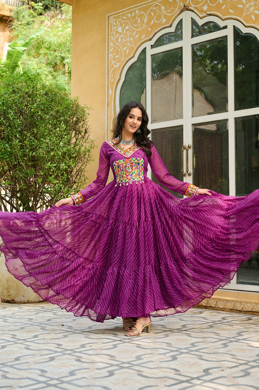 Traditional Wear Wine Color Laheriya Printed Kutchi Patchwork Navratri Gown
