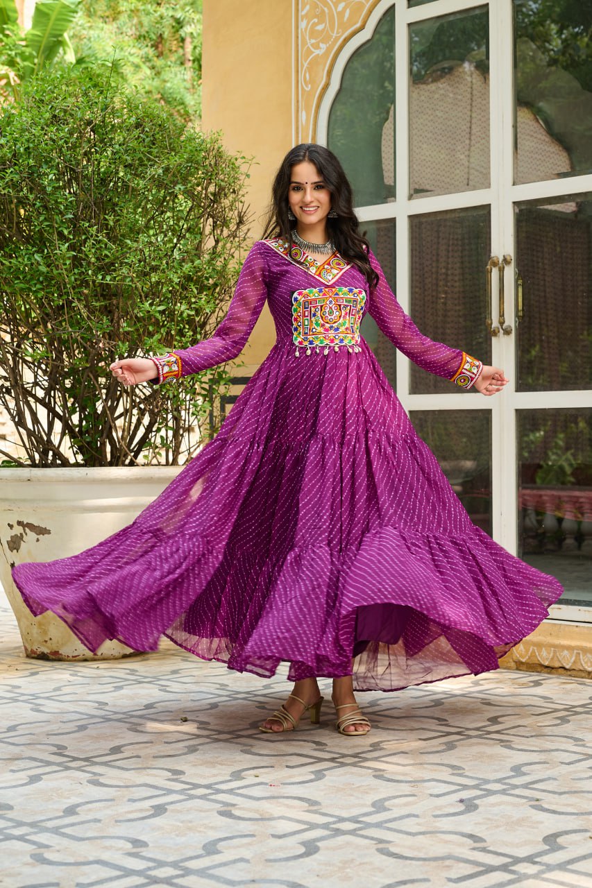 Traditional Wear Wine Color Laheriya Printed Kutchi Patchwork Navratri Gown