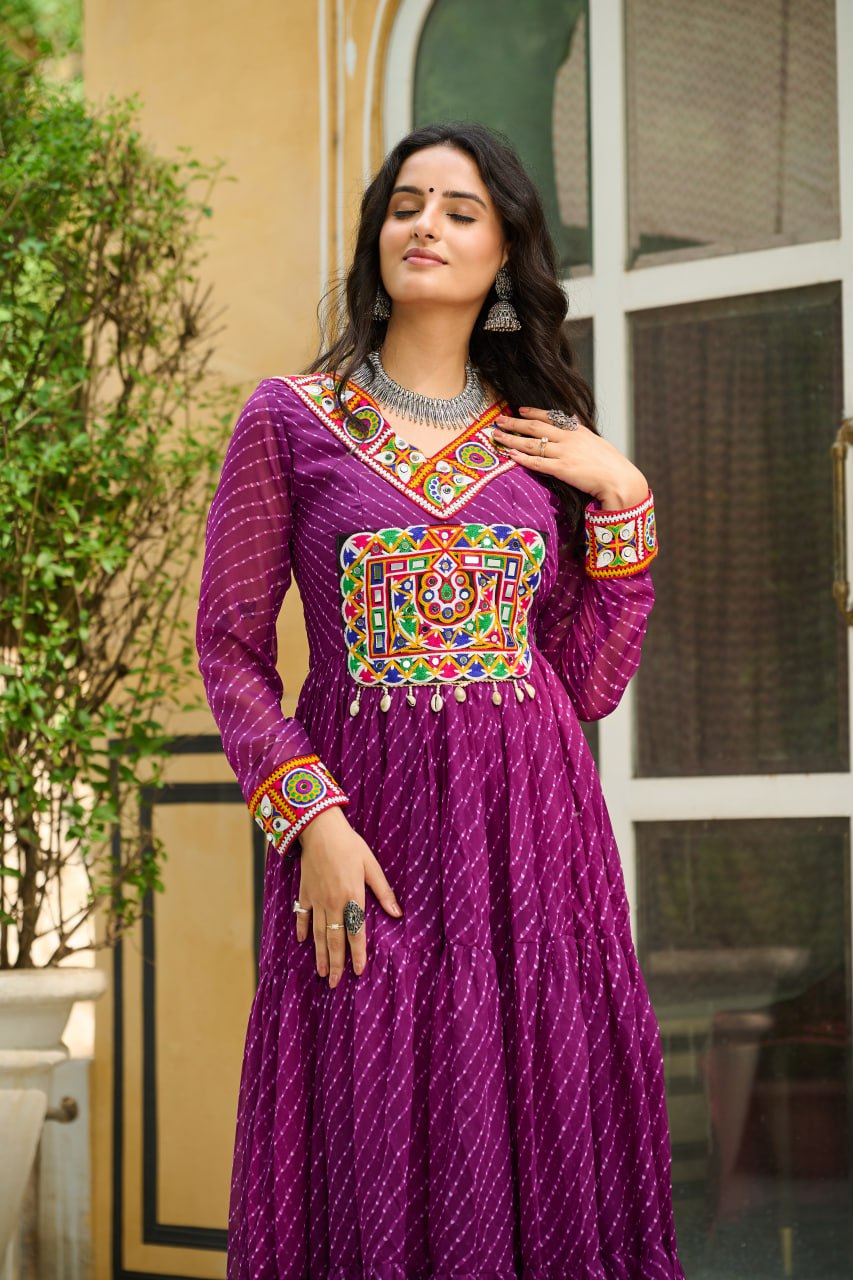 Traditional Wear Wine Color Laheriya Printed Kutchi Patchwork Navratri Gown