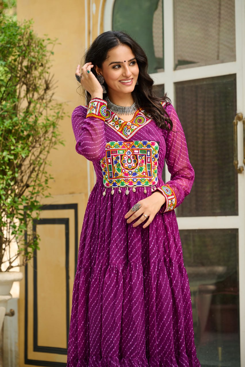 Traditional Wear Wine Color Laheriya Printed Kutchi Patchwork Navratri Gown