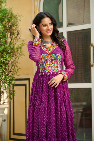 Traditional Wear Wine Color Laheriya Printed Kutchi Patchwork Navratri Gown