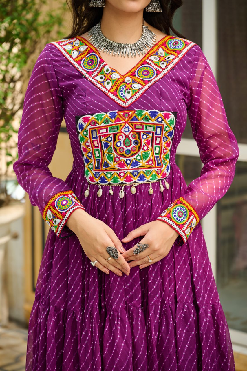 Traditional Wear Wine Color Laheriya Printed Kutchi Patchwork Navratri Gown