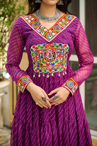 Traditional Wear Wine Color Laheriya Printed Kutchi Patchwork Navratri Gown