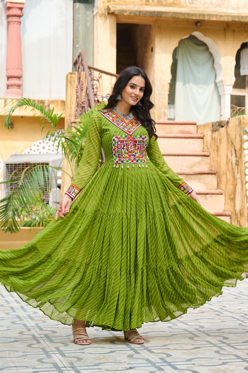 Traditional Wear Green Color Laheriya Printed Kutchi Patchwork Navratri Gown