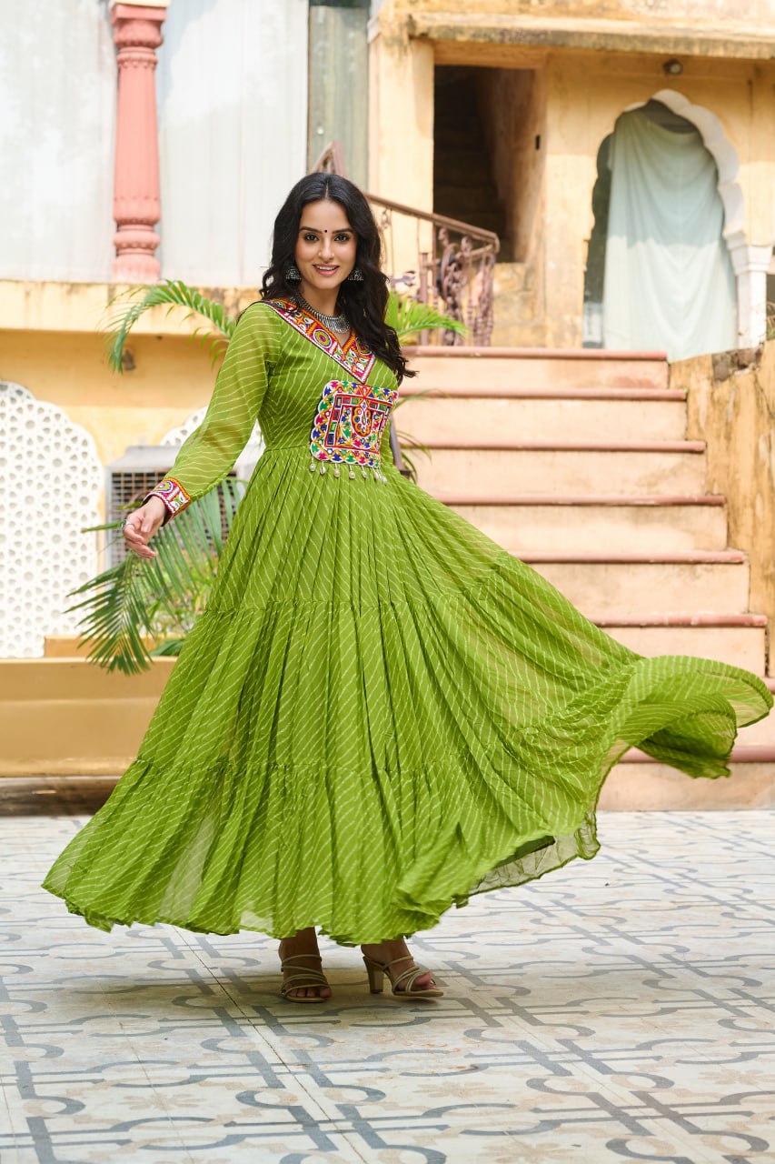 Traditional Wear Green Color Laheriya Printed Kutchi Patchwork Navratri Gown