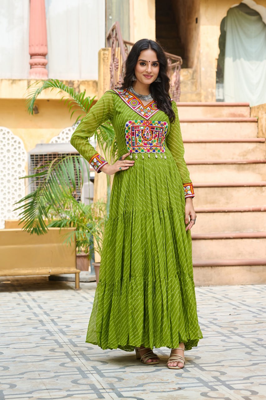 Traditional Wear Green Color Laheriya Printed Kutchi Patchwork Navratri Gown