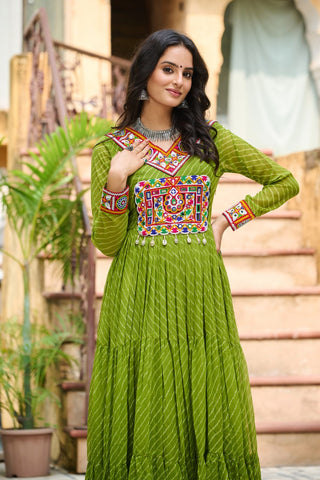 Traditional Wear Green Color Laheriya Printed Kutchi Patchwork Navratri Gown