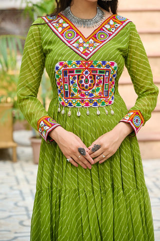Traditional Wear Green Color Laheriya Printed Kutchi Patchwork Navratri Gown