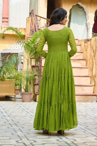 Traditional Wear Green Color Laheriya Printed Kutchi Patchwork Navratri Gown