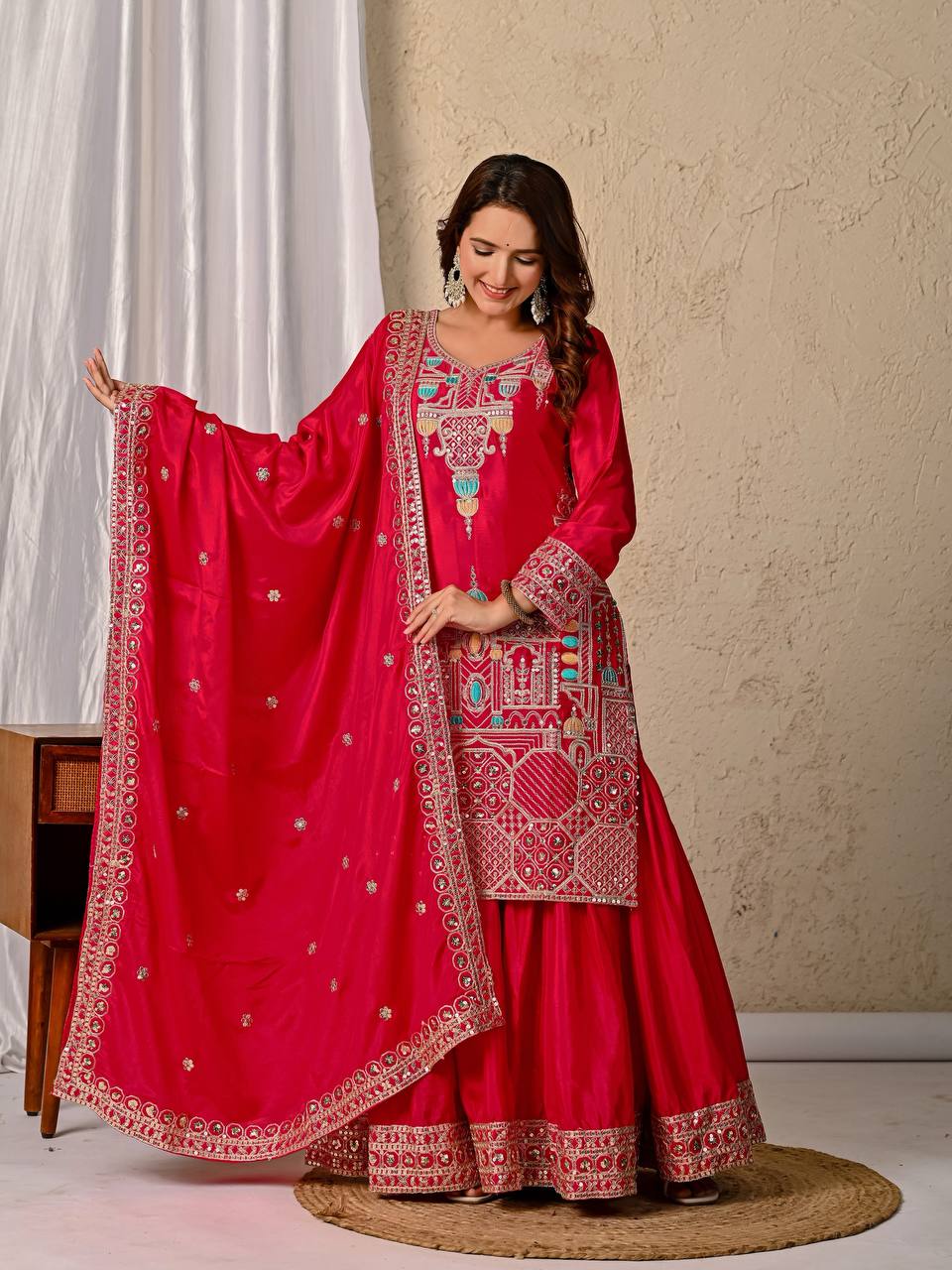 Party Wear Red Color Sequence Embroidery Work Sharara Suit