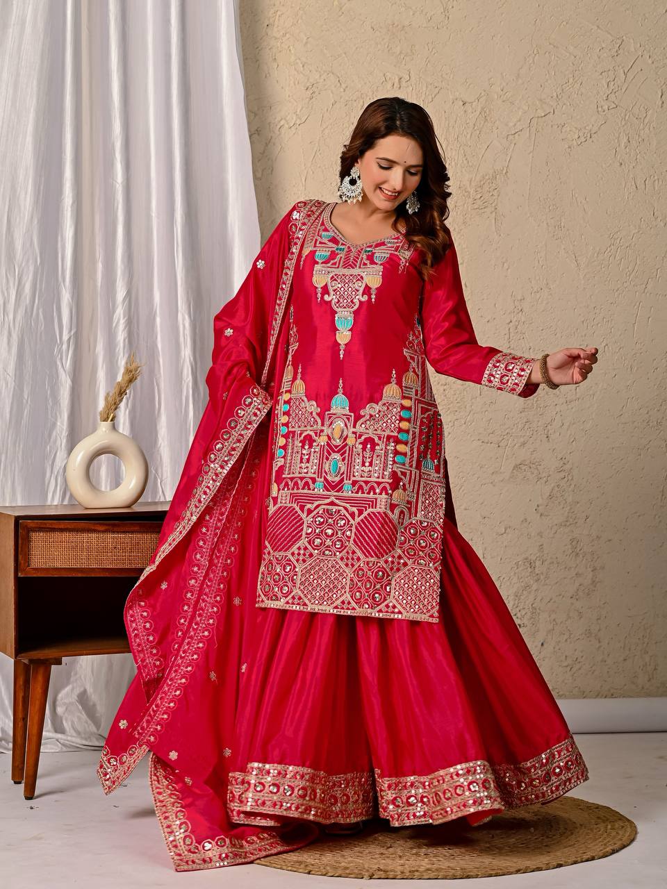 Party Wear Red Color Sequence Embroidery Work Sharara Suit
