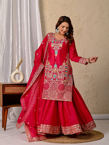 Party Wear Red Color Sequence Embroidery Work Sharara Suit