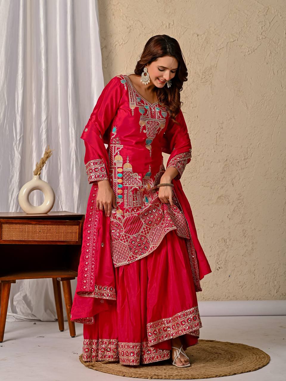 Party Wear Red Color Sequence Embroidery Work Sharara Suit