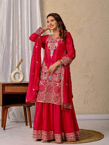 Party Wear Red Color Sequence Embroidery Work Sharara Suit