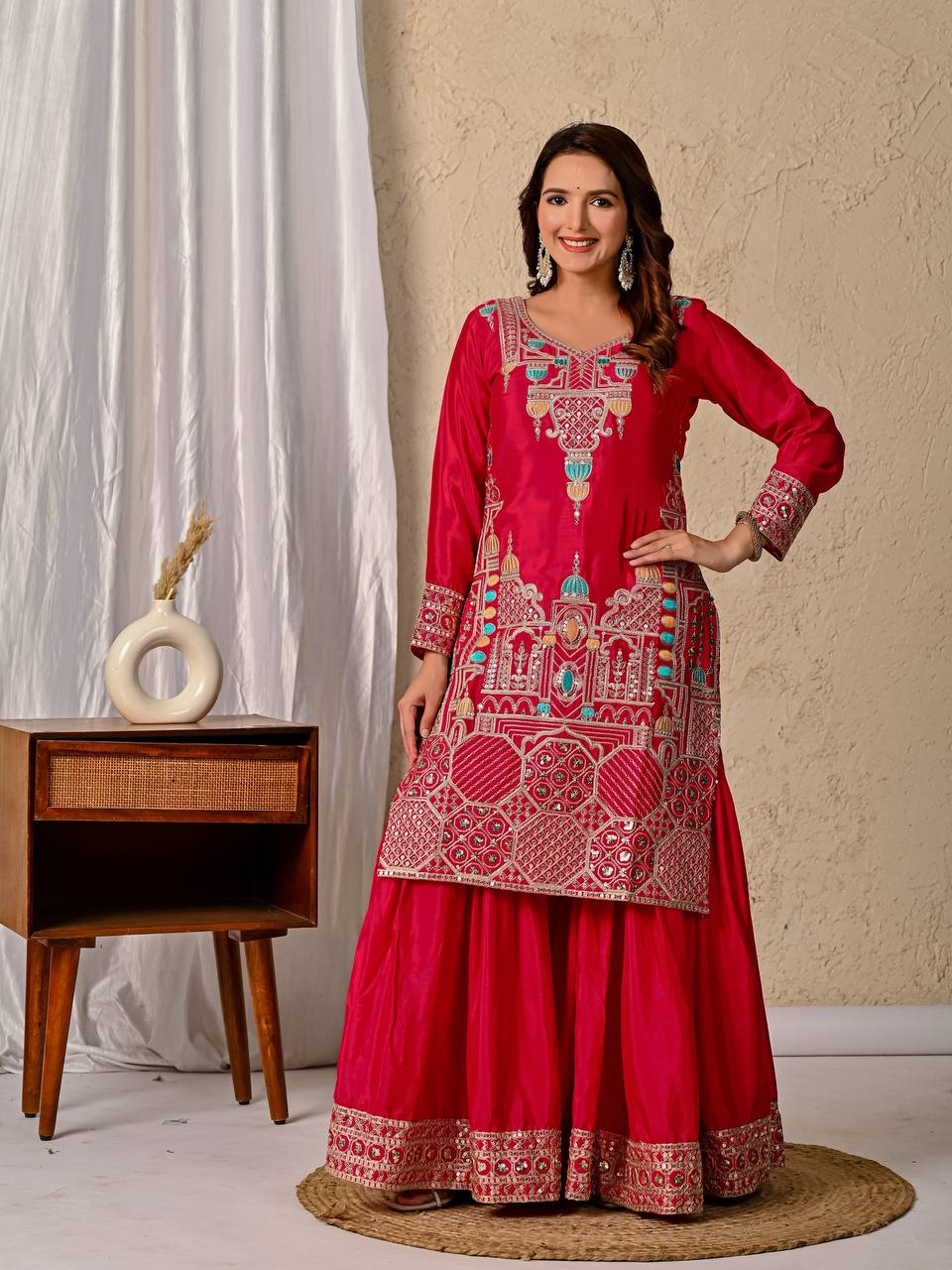 Party Wear Red Color Sequence Embroidery Work Sharara Suit