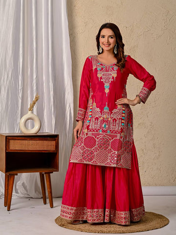 Party Wear Red Color Sequence Embroidery Work Sharara Suit