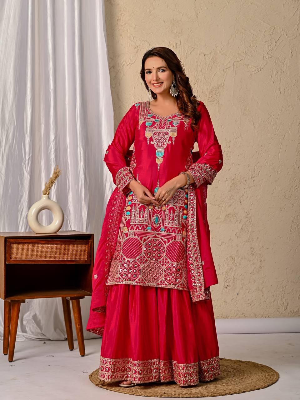 Party Wear Red Color Sequence Embroidery Work Sharara Suit