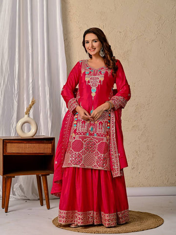 Party Wear Red Color Sequence Embroidery Work Sharara Suit