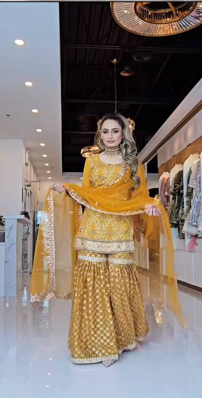 Haldi Special Yellow Color Sequin Embroidery Work Beautiful Sharara Suit