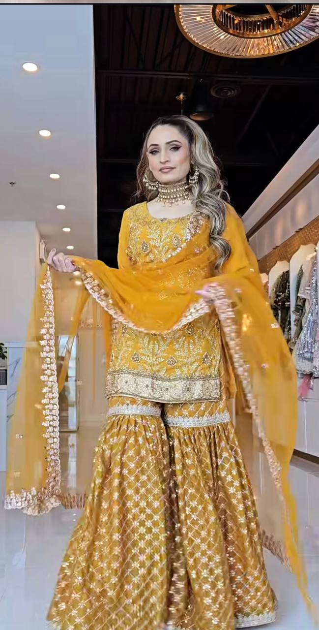 Haldi Special Yellow Color Sequin Embroidery Work Beautiful Sharara Suit